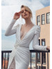 Long Sleeve White Crepe Lace Slit V Back Wedding Dress